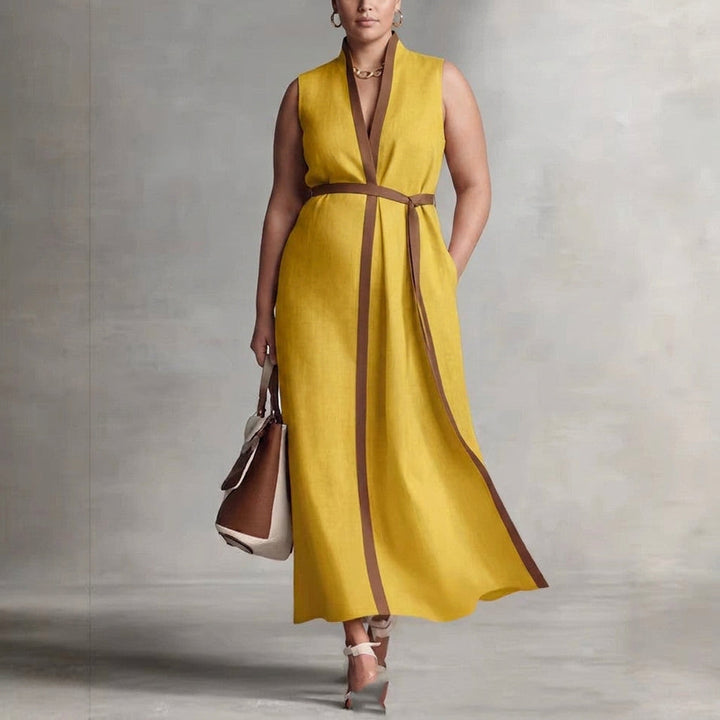 Delphine Contrast Mouwloze Jurk: Moeiteloze Kantoor Elegantie