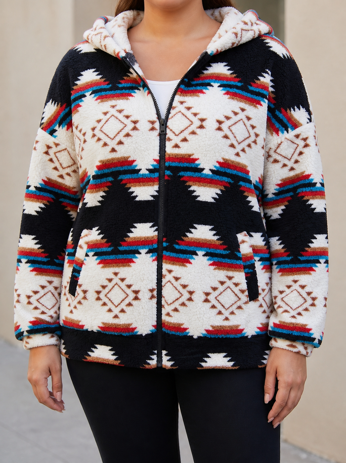 Dames Aztec Sherpa Hoodie met Ritssluiting