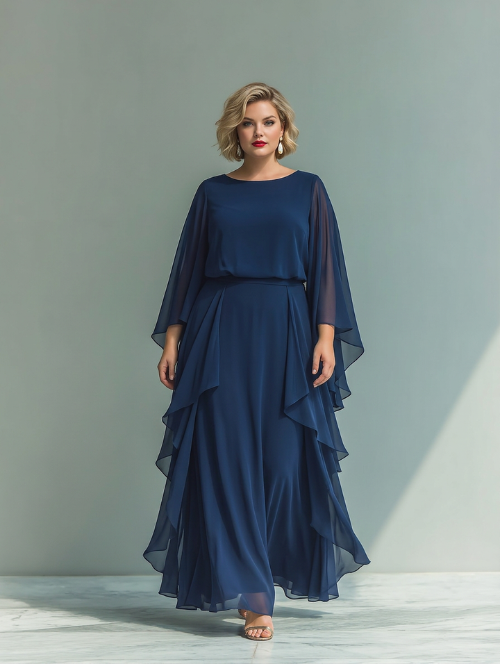 Marineblauwe Chiffon Top Set met Uitlopende Mouwen en Rechte Broek met Ruché Details