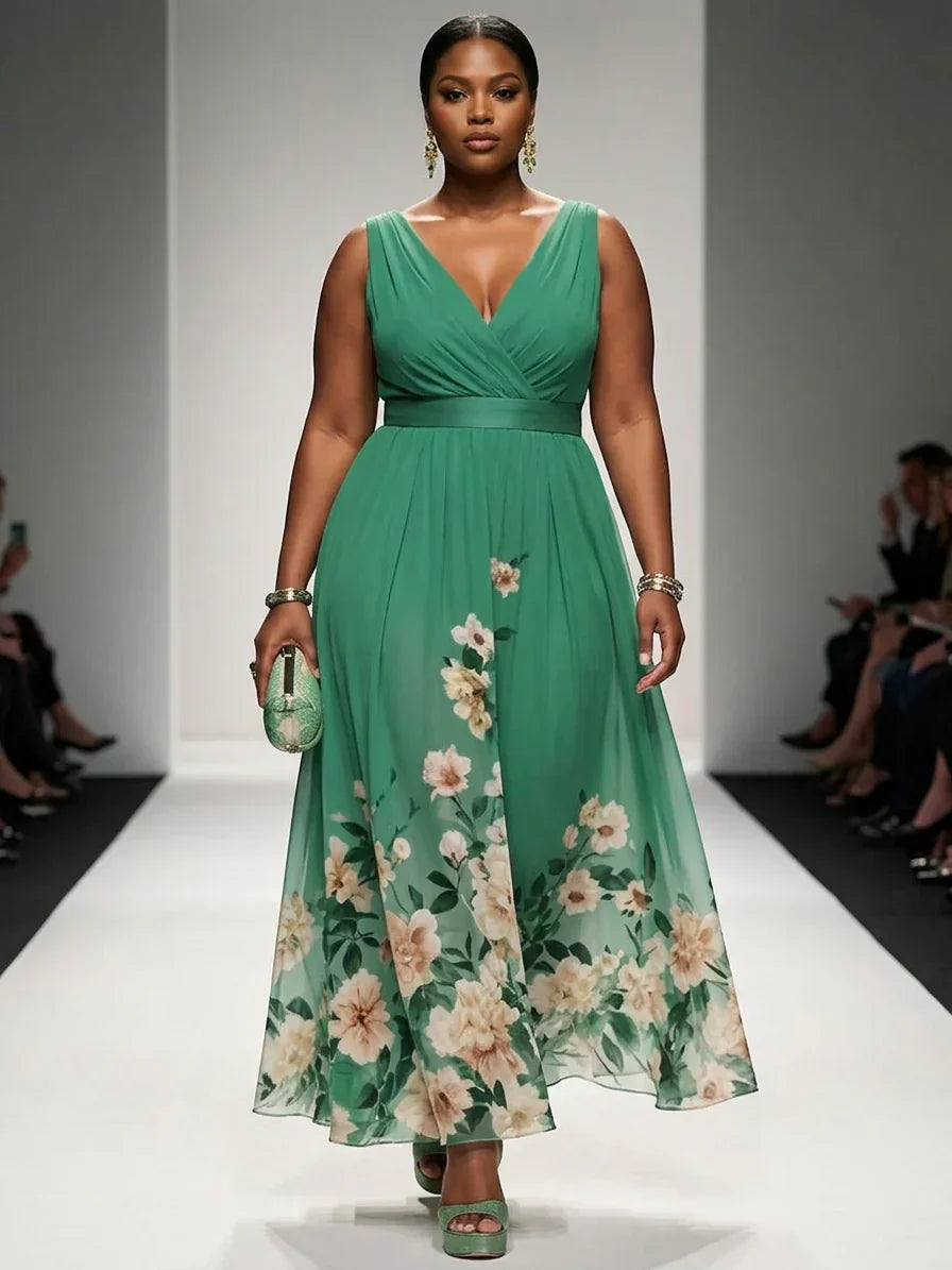Salma | Lichtblauwe Bloemen Chiffon V-Hals Maxi Jurk
