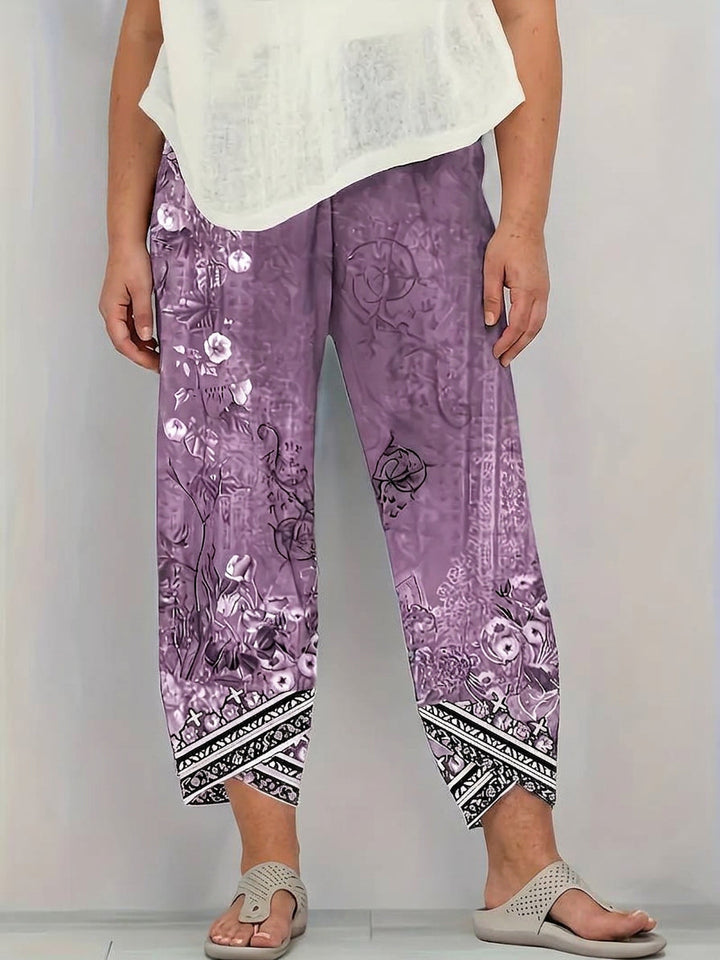 Olwen | Vintage Bloemen Capri Broek Met Elastische Taille
