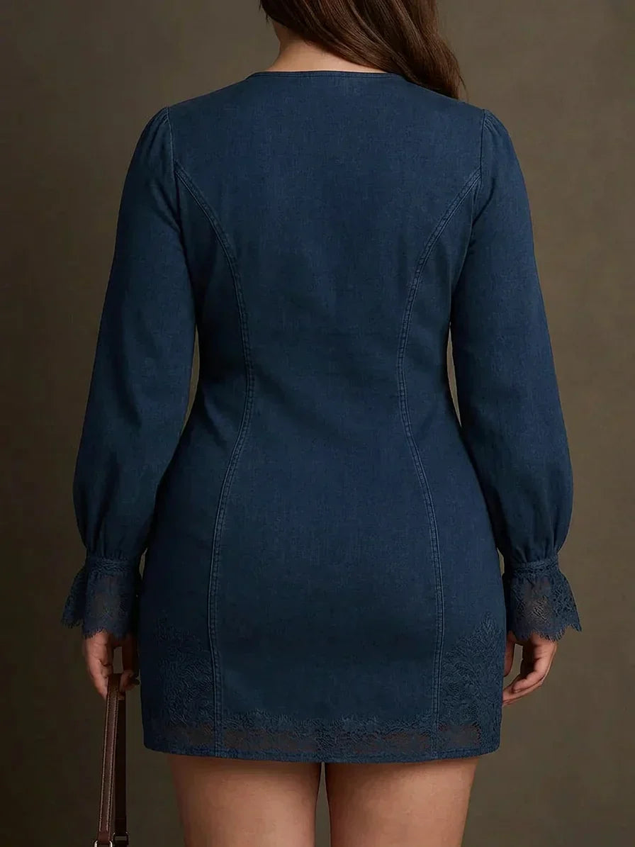 Layla – Blauw Suède Mini Jurk met Kant