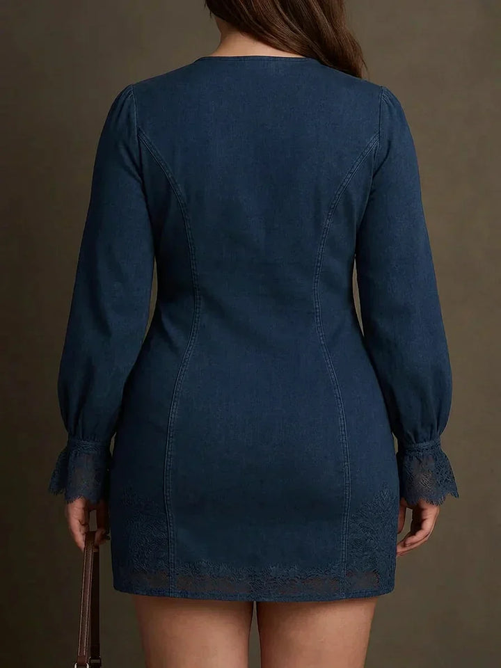 Layla – Blauw Suède Mini Jurk met Kant