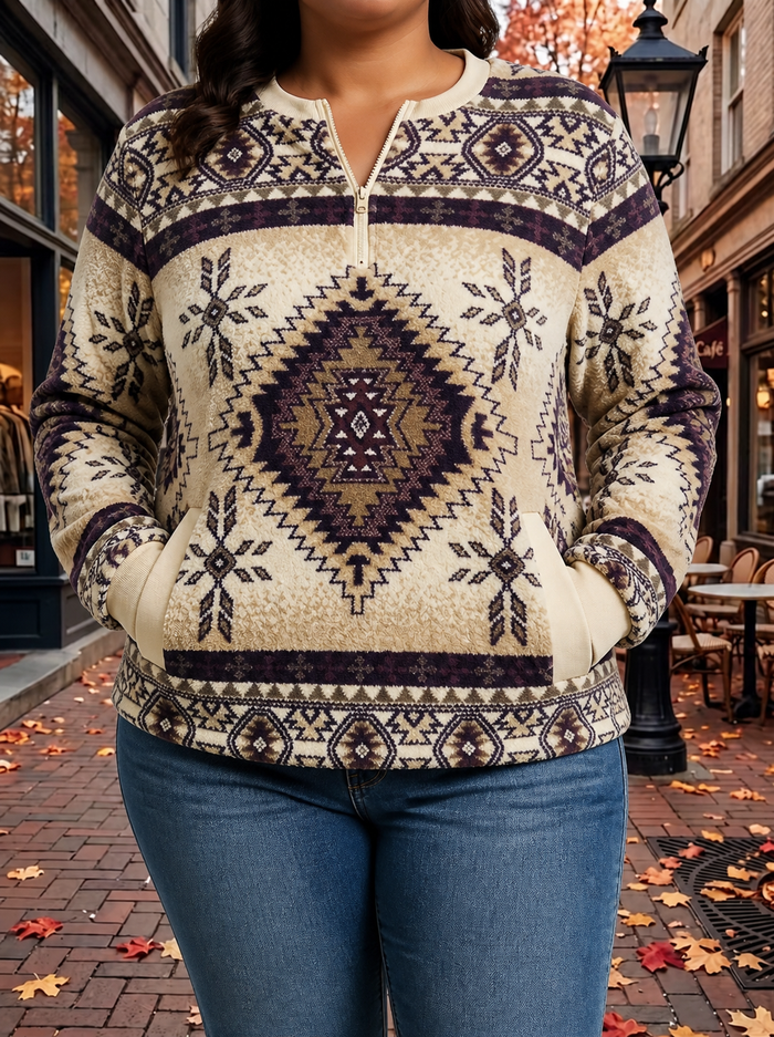 Dames Aztec Pullover met Rits en Voorzak voor Herfst