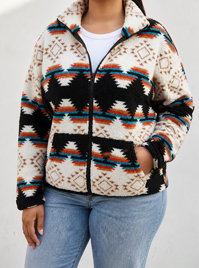 Dames Sherpa Jas Azteeks Patroon met Capuchon en Ritssluiting