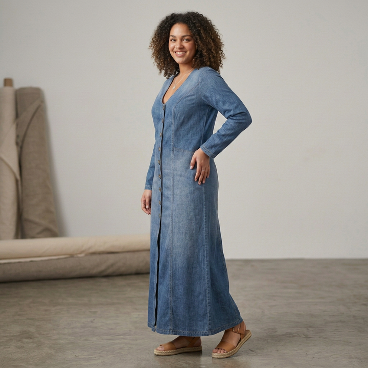 Mei Knop-Front Maxi Denim Jurk