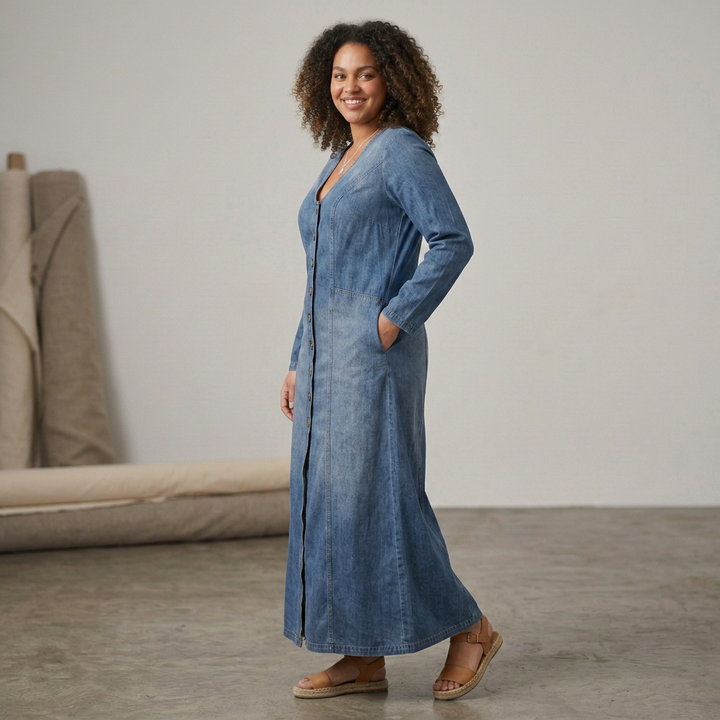 Mei Knop-Front Maxi Denim Jurk
