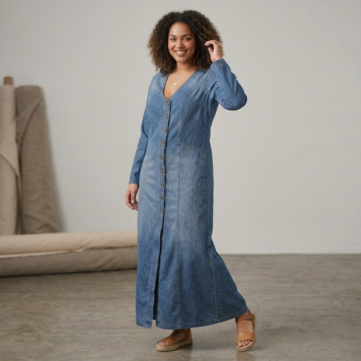 Mei Knop-Front Maxi Denim Jurk