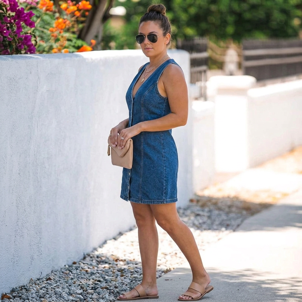 Eilwen Knop-Voorkant Denim Mini Jurk
