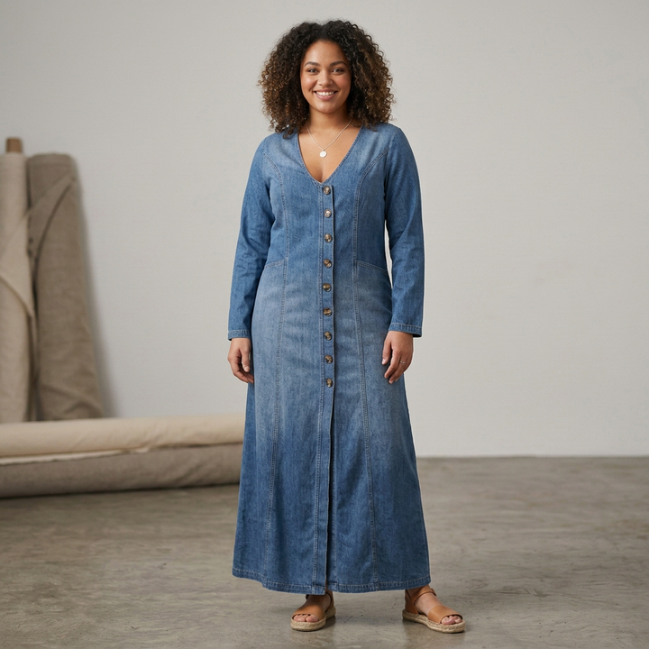 Mei Knop-Front Maxi Denim Jurk