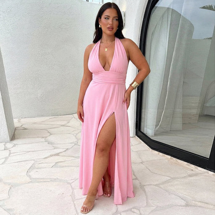 Dames Halter Maxi Jurk met Hoge Split en Open Rug
