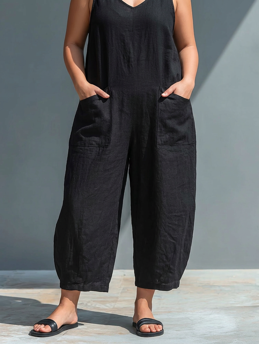 Mouwloze Minimalistische Jumpsuit voor Vrouwen met Hoge Kraag en Knopen