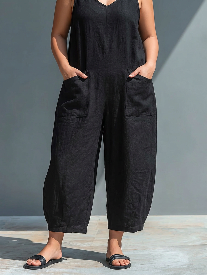 Mouwloze Minimalistische Jumpsuit voor Vrouwen met Hoge Kraag en Knopen