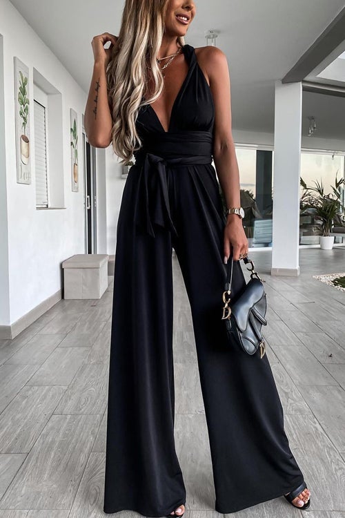 Edith - Effen Kleur Slim V-Hals Lace-Up Mouwloze Jumpsuit