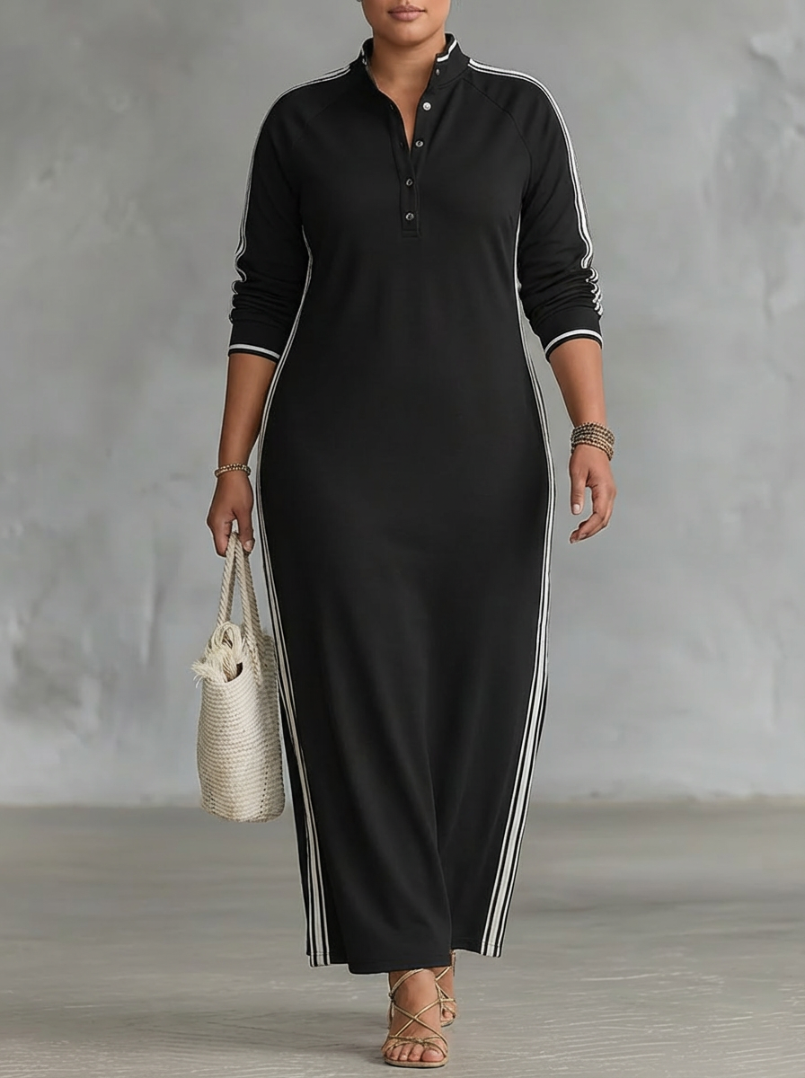 Maxi Sweatshirt Jurk voor Vrouwen met Knop-Kraag en Witte Afwerking