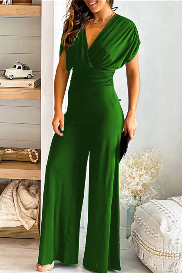 Zaina - V-hals effen slim fit taille wijde pijpen jumpsuit