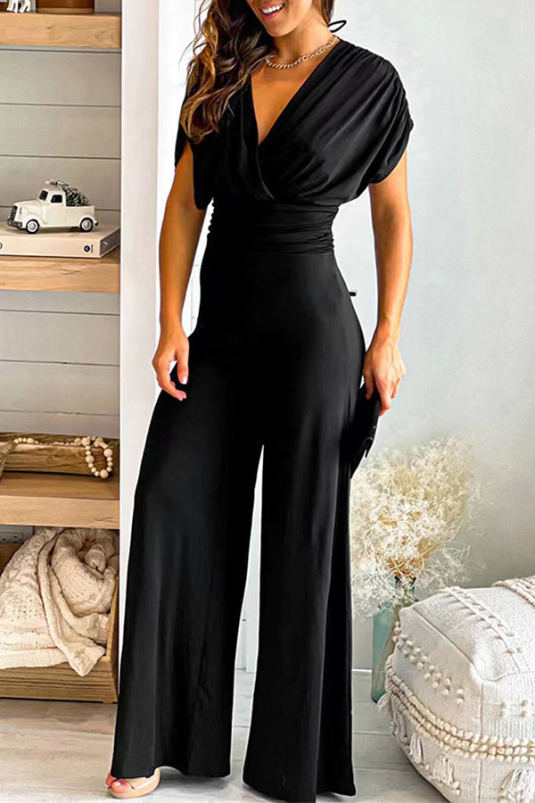 Zaina - V-hals effen slim fit taille wijde pijpen jumpsuit