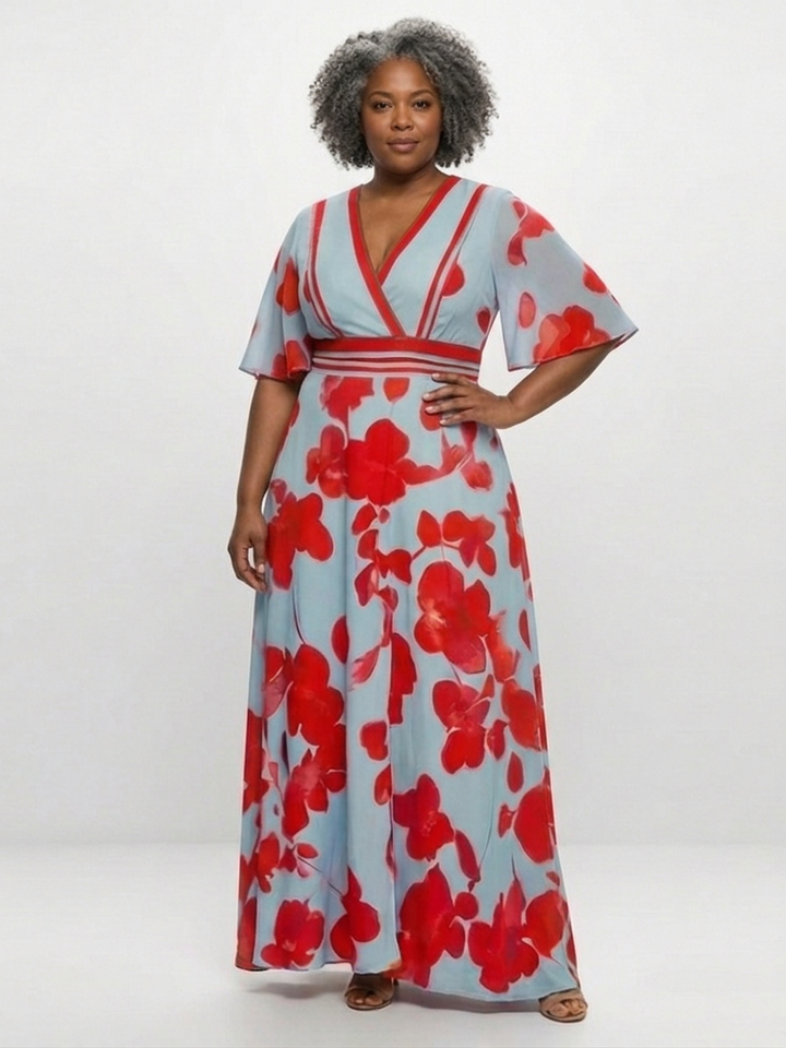 Aurelia | V-hals Korte Mouwen Bloemen Maxi Jurk