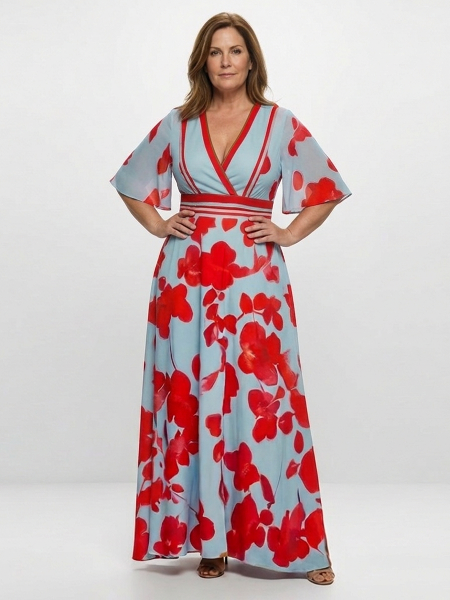Aurelia | V-hals Korte Mouwen Bloemen Maxi Jurk