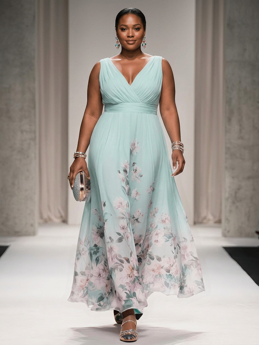 Salma | Lichtblauwe Bloemen Chiffon V-Hals Maxi Jurk