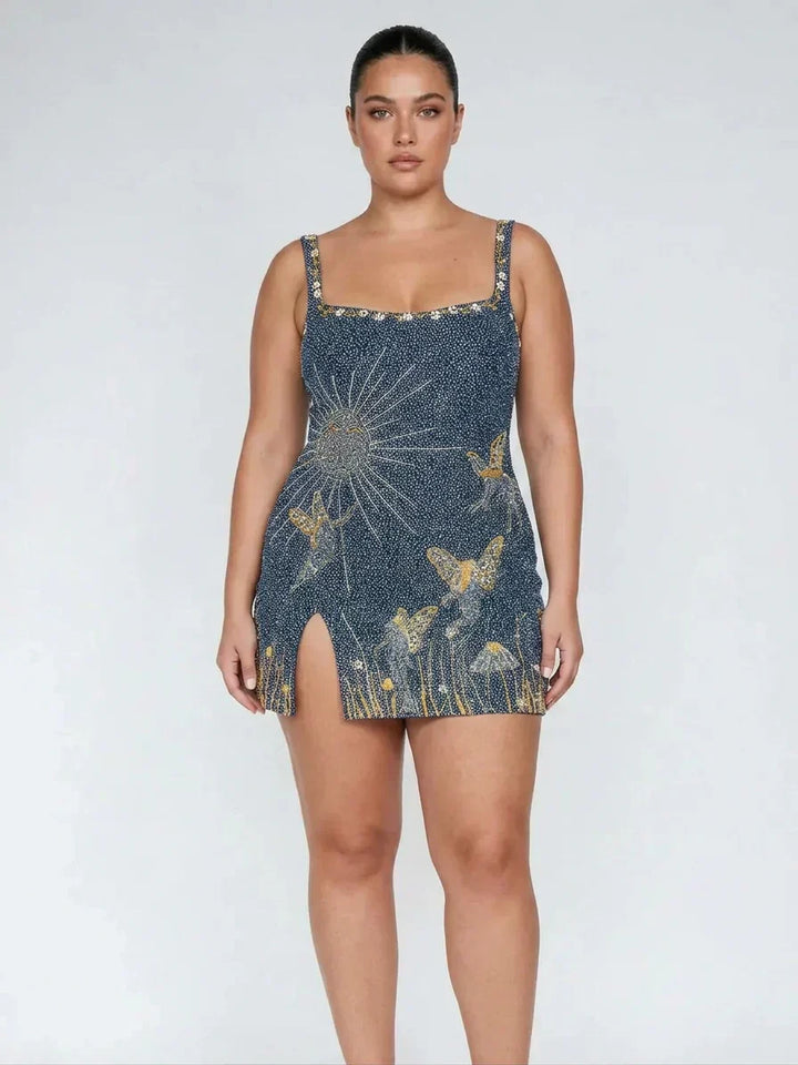 Eira – Middernachtblauwe Bead Mini Jurk