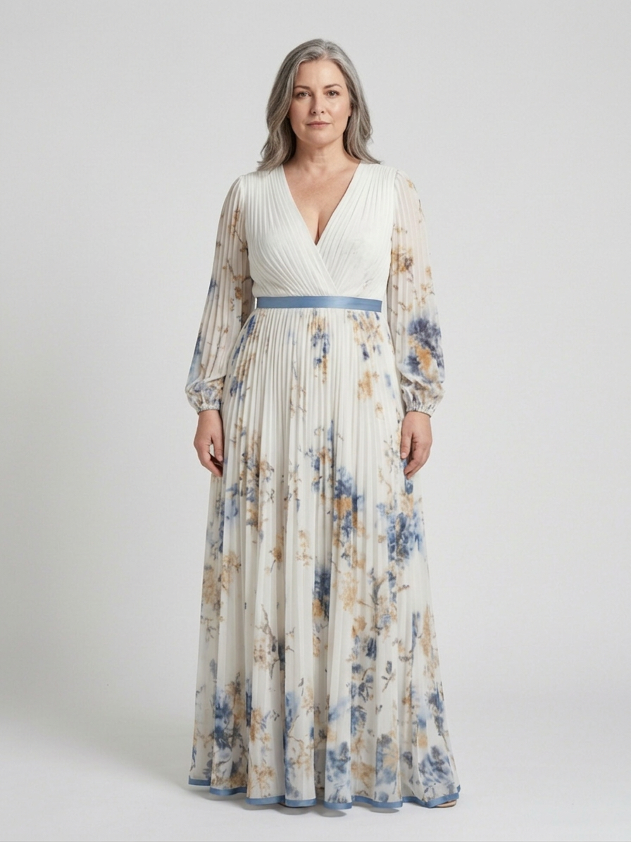 Nadia | Lange Mouw V-Hals Bloemen Maxi Jurk