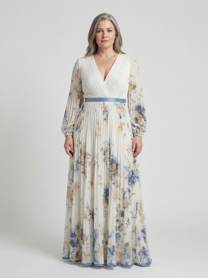 Nadia | Lange Mouw V-Hals Bloemen Maxi Jurk