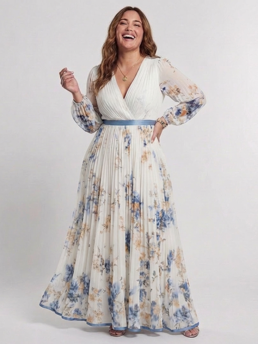 Nadia | Lange Mouw V-Hals Bloemen Maxi Jurk