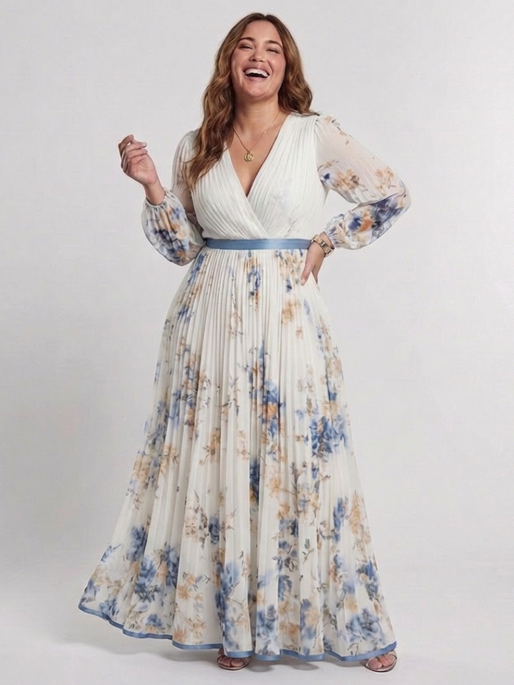 Nadia | Lange Mouw V-Hals Bloemen Maxi Jurk