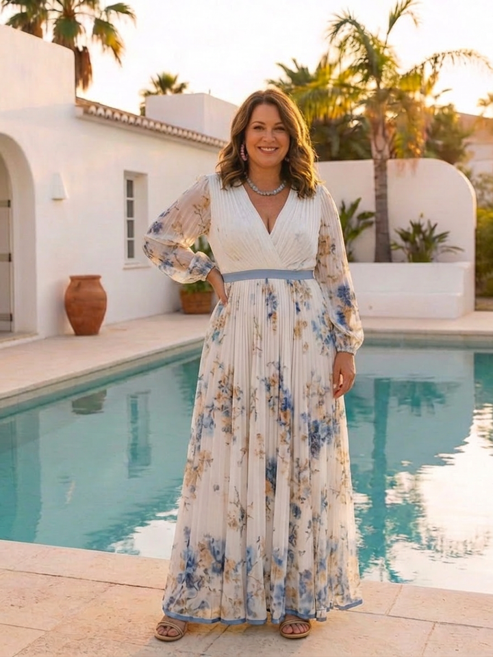 Nadia | Lange Mouw V-Hals Bloemen Maxi Jurk