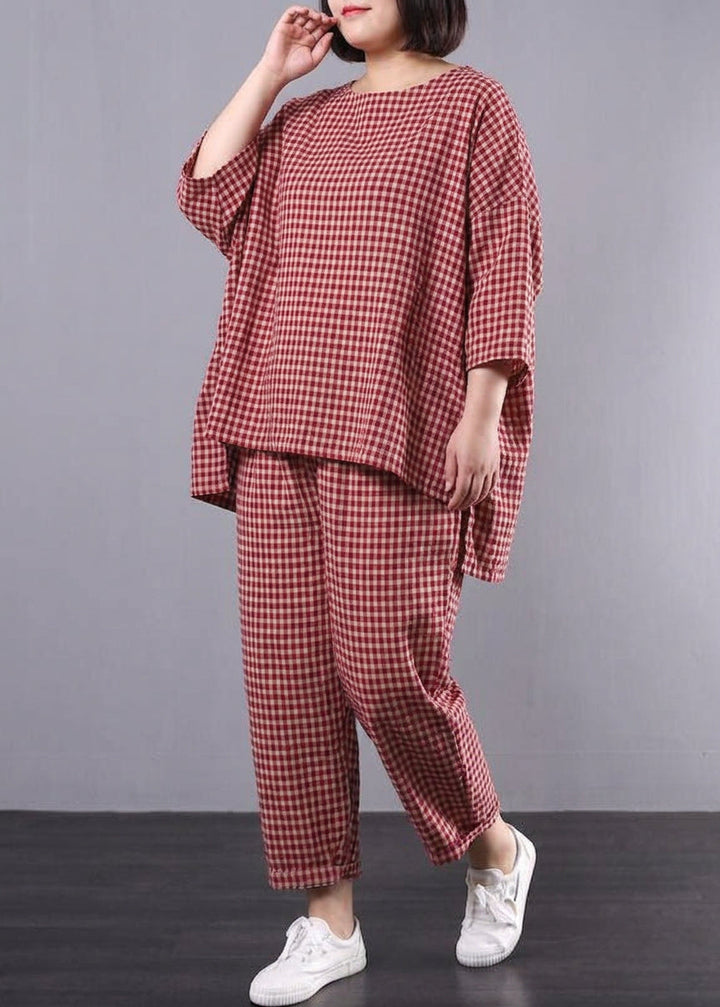 Elke - Casual Plus Size Katoen Linnen Rode Ruit Vintage Blouse En Broek
