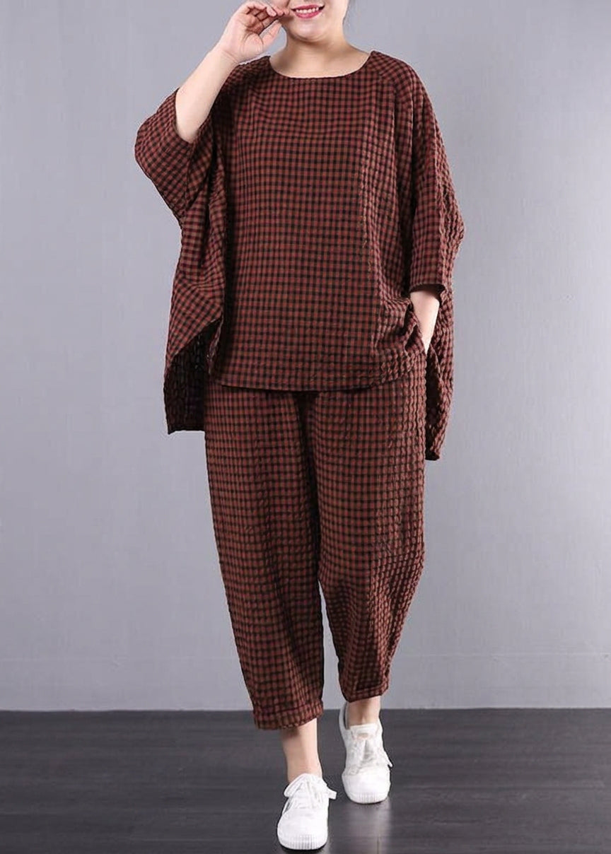 Elke - Casual Plus Size Katoen Linnen Rode Ruit Vintage Blouse En Broek