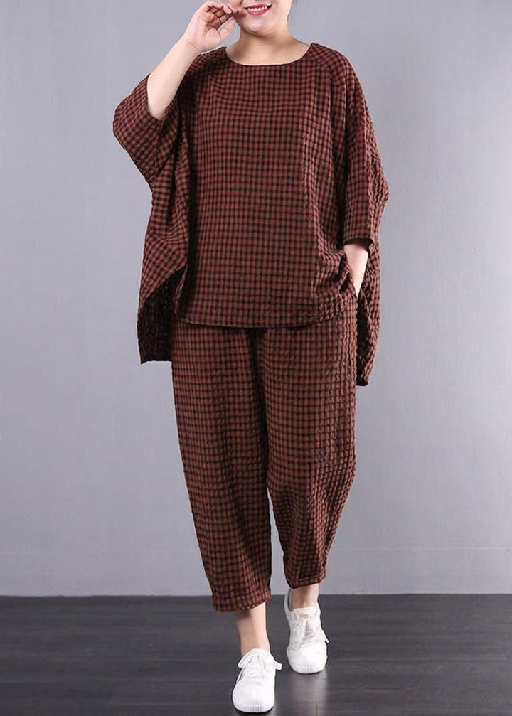 Elke - Casual Plus Size Katoen Linnen Rode Ruit Vintage Blouse En Broek