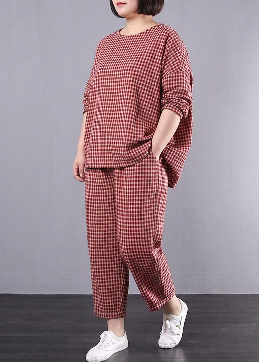Elke - Casual Plus Size Katoen Linnen Rode Ruit Vintage Blouse En Broek