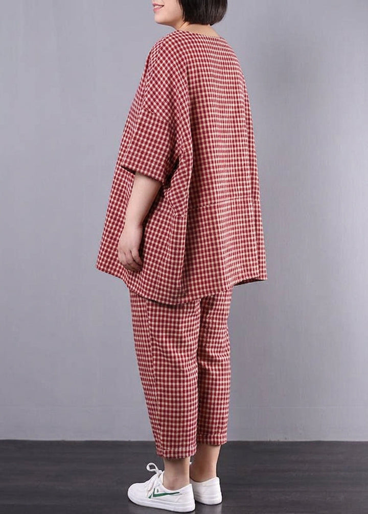 Elke - Casual Plus Size Katoen Linnen Rode Ruit Vintage Blouse En Broek