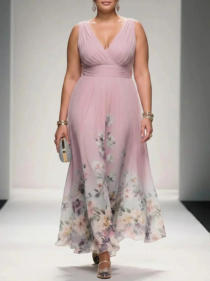 Salma | Lichtblauwe Bloemen Chiffon V-Hals Maxi Jurk