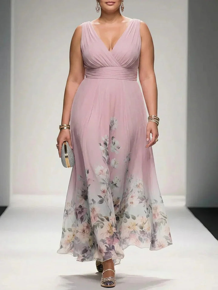 Salma | Lichtblauwe Bloemen Chiffon V-Hals Maxi Jurk