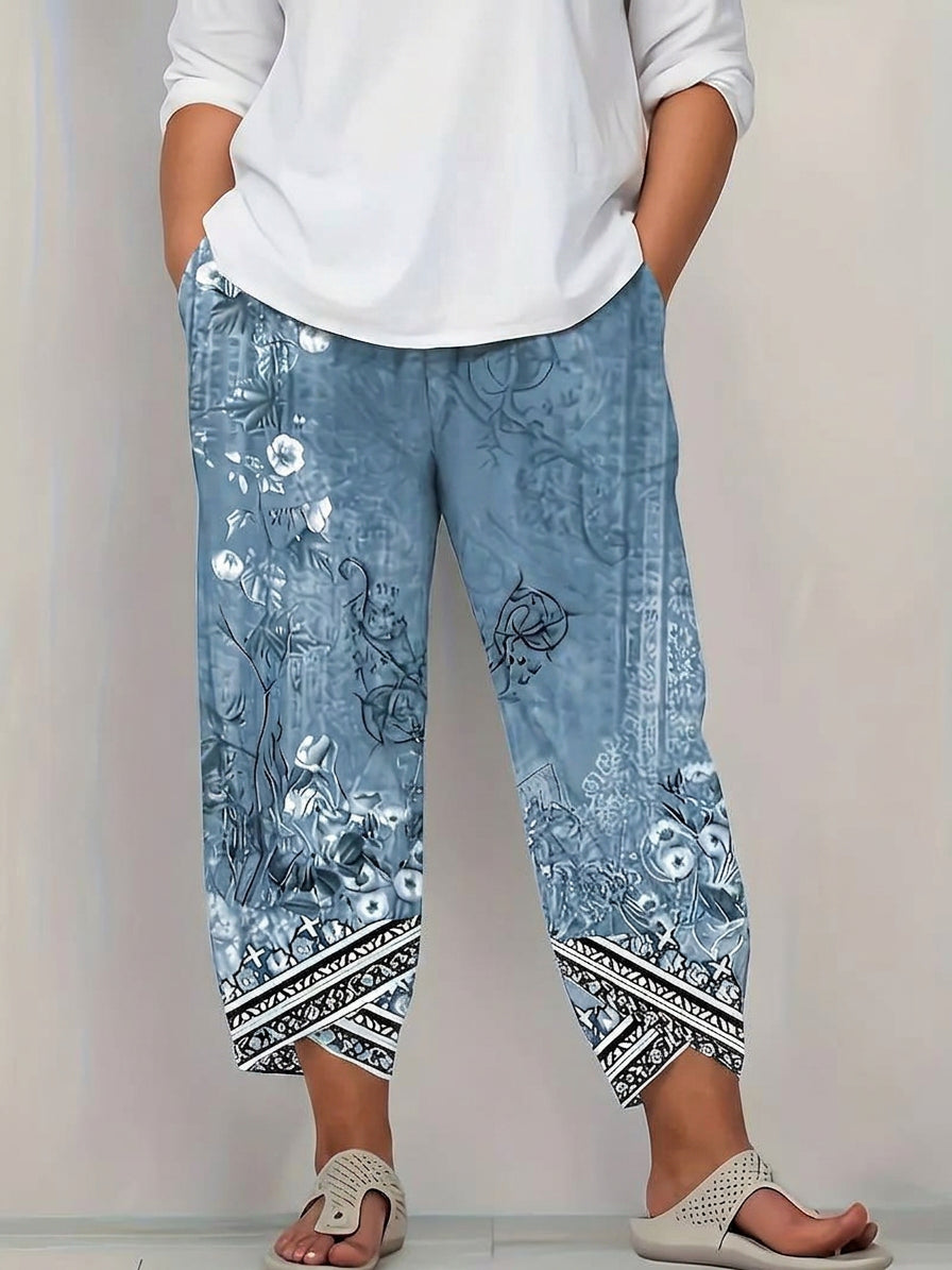 Olwen | Vintage Bloemen Capri Broek Met Elastische Taille