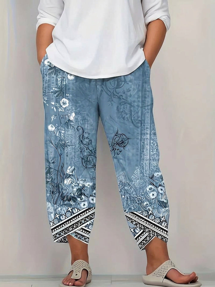 Olwen | Vintage Bloemen Capri Broek Met Elastische Taille