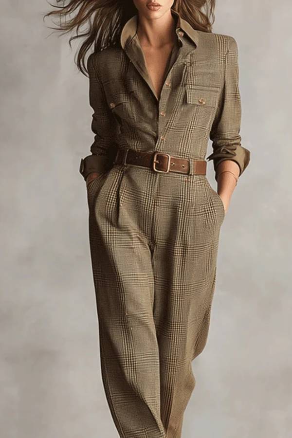 Ember - Bruin Verfijnd Tweed Textuur Ruit Utility Jumpsuit