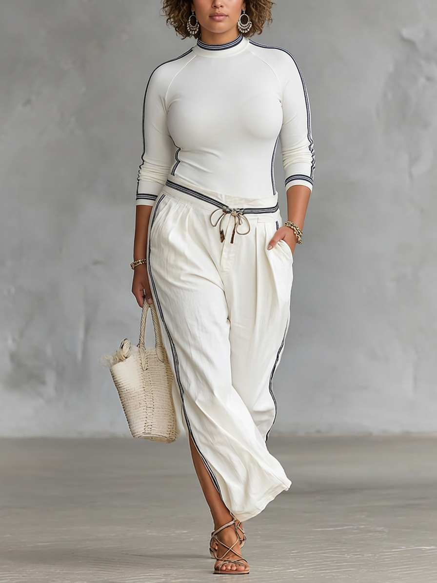 Dames Twee-Delige Set: Lange Mouwen Sportieve T-Shirt met Hoge Hals en Losse Broek met Touwtje