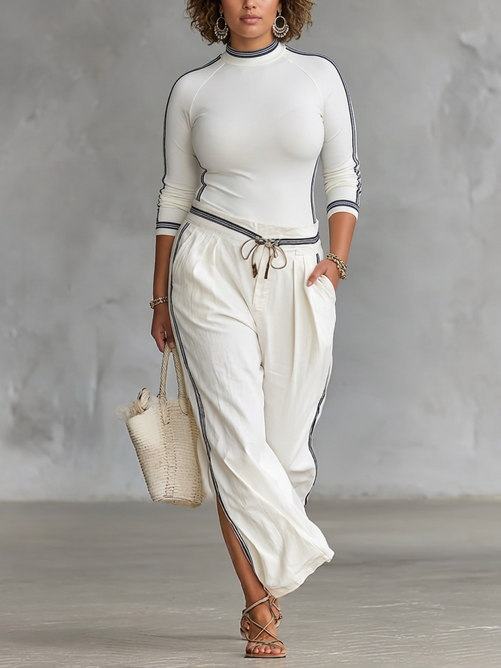 Dames Twee-Delige Set: Lange Mouwen Sportieve T-Shirt met Hoge Hals en Losse Broek met Touwtje