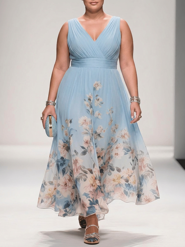 Salma | Lichtblauwe Bloemen Chiffon V-Hals Maxi Jurk