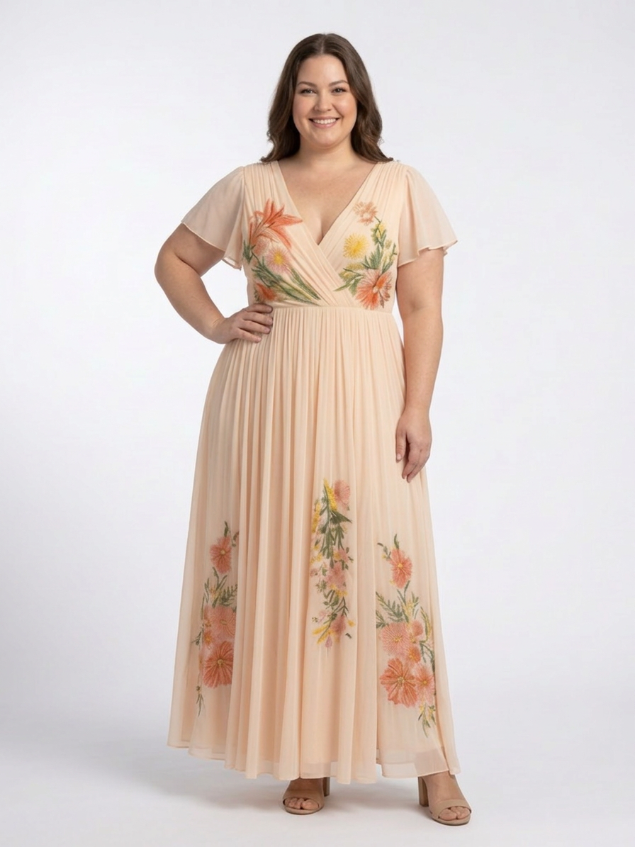 Cerys | V-hals Korte Mouw Plissé Bloemen Maxi Jurk