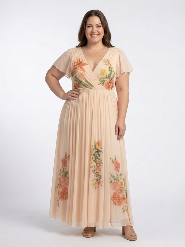 Cerys | V-hals Korte Mouw Plissé Bloemen Maxi Jurk