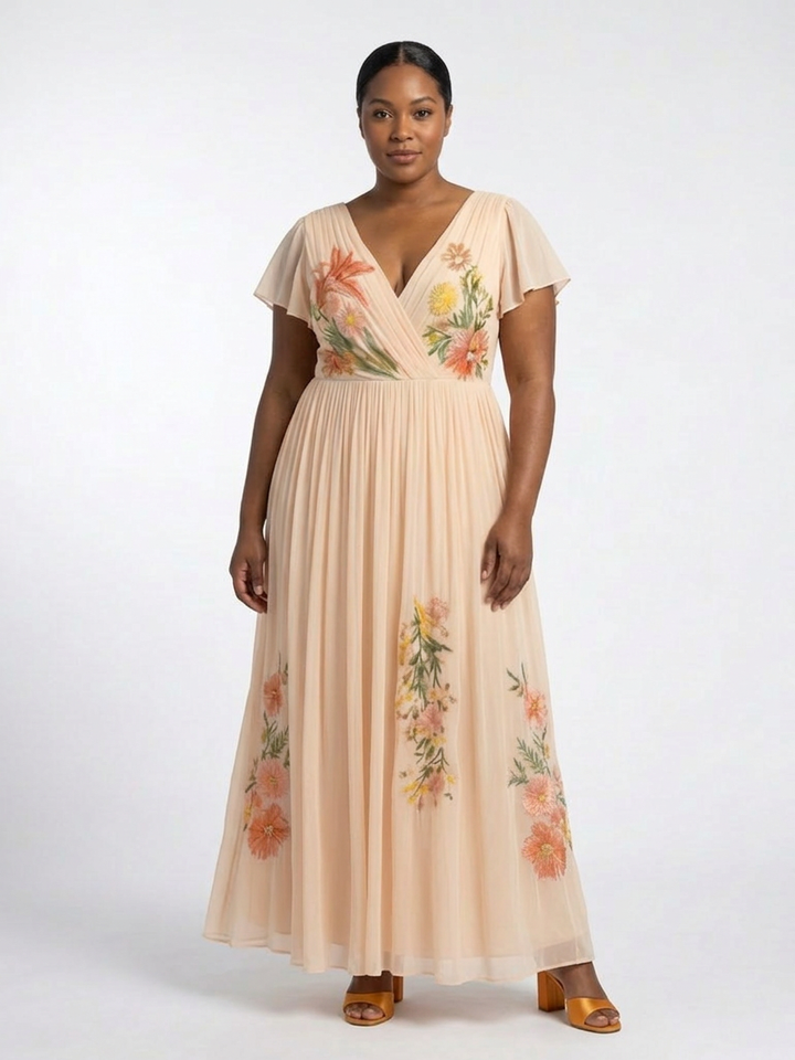 Cerys | V-hals Korte Mouw Plissé Bloemen Maxi Jurk