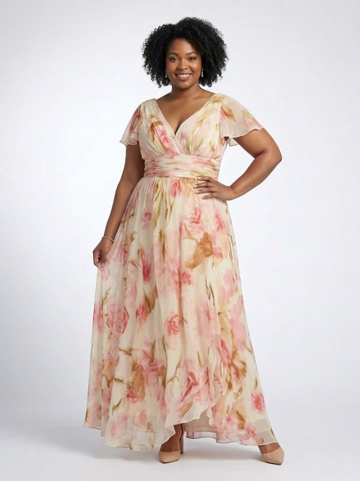 Leona | V-hals Korte Mouw Bloemen Maxi Jurk