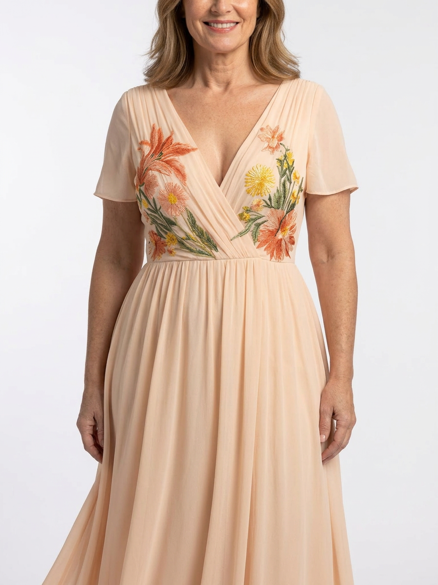 Cerys | V-hals Korte Mouw Plissé Bloemen Maxi Jurk