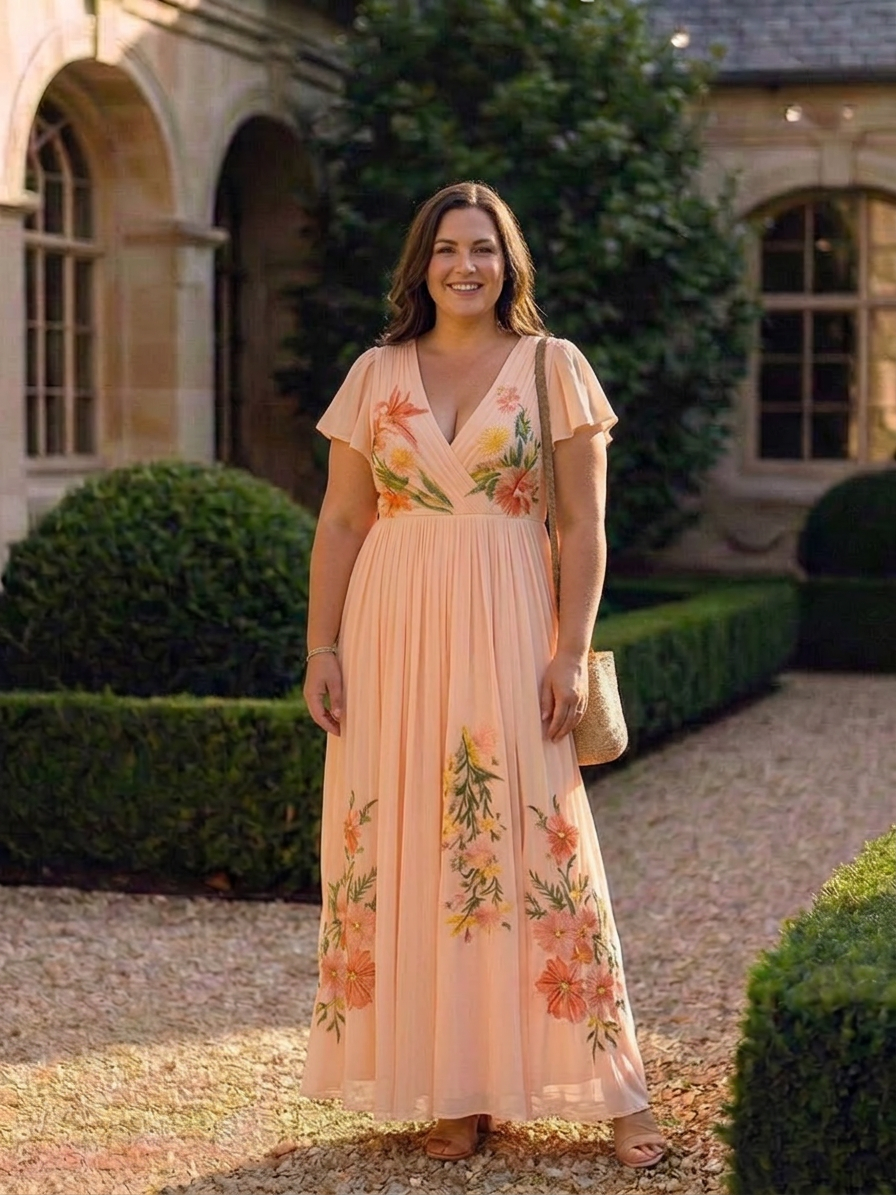 Cerys | V-hals Korte Mouw Plissé Bloemen Maxi Jurk