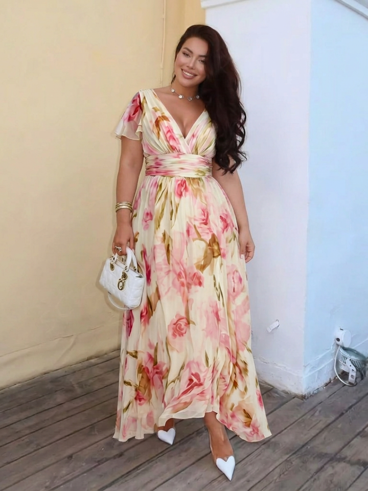 Leona | V-hals Korte Mouw Bloemen Maxi Jurk